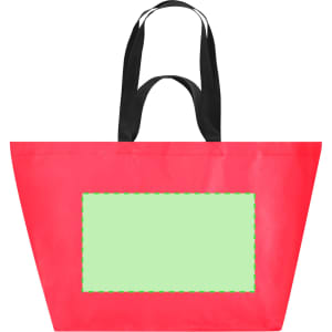 A large red reusable grocery bag with black handles and a green rectangular space on the front.