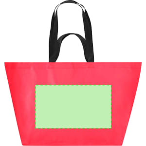 A red reusable grocery bag with a black handle and a green stitched panel. The bag has a logo on it.
