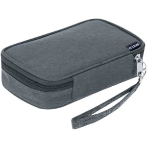 A grey organiser case with a zip closure and detachable wrist strap, featuring a logo. Ideal for toiletries.