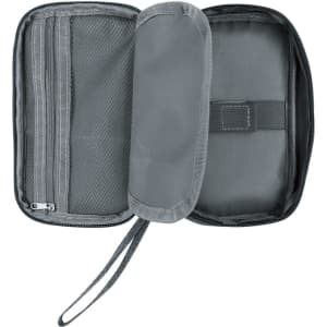 A grey toiletry organiser case featuring multiple compartments and a zipper, with a wrist strap for easy carrying.
