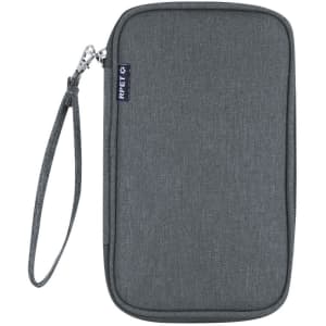 A grey toiletry organizer case with a zip closure and a wrist strap, featuring a logo on the side.