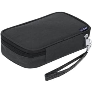 A grey organiser case featuring a wrist strap and a zip closure, designed for storing toiletry items.
