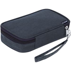 A dark grey zippered organiser case with a wrist strap, featuring a simple design and a branding logo.
