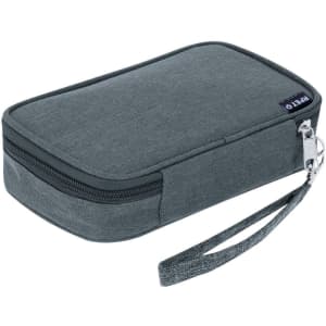 A grey toiletry organiser case with a zip closure and a wrist strap. It features a small logo.