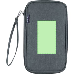 A grey toiletry bag with a zipper and a wrist strap, featuring a rectangular area in a bright green colour.