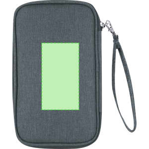 A grey organiser case with a zip closure and a wrist strap, featuring an empty rectangular panel.