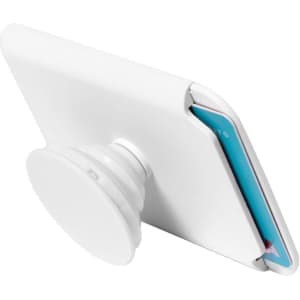 A white card holder stand designed to hold a phone, featuring a circular base and space for cards.