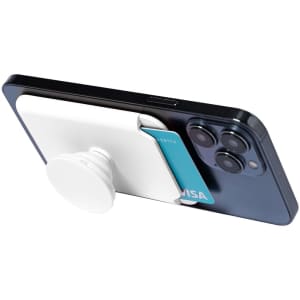A phone wallet stand in white attached to a smartphone, holding a card. The smartphone is black and features a logo.