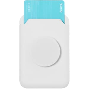 A white card holder stand with a light blue card partially inserted and a circular feature on the front.