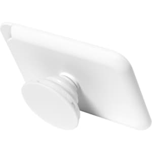 A white phone wallet with a built-in stand, featuring a round pop socket for grip. It has a logo on its surface.