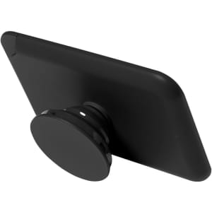 A black phone holder stand with a circular grip at the back for stability and support.