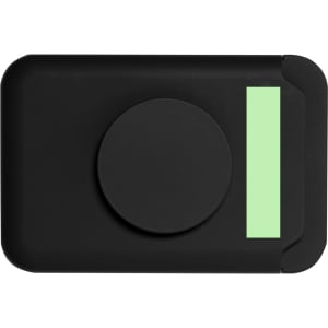 A black card holder stand with a circular feature and a mint green accent. It has a simple, sleek design and a logo.