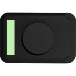 A black card holder stand with a circular centre and a green stripe. It features a logo on the surface.
