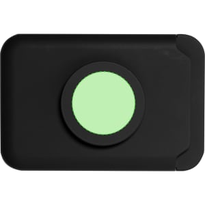 A black card holder stand with a green circular accent, designed for phones. It features a logo on the surface.