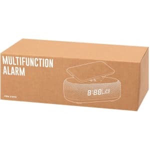 A rectangular brown box featuring a graphic of a multifunction alarm clock with a wireless charging surface.