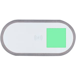 A white and grey wireless charger with a green highlighted area, featuring a minimalist design and a branding logo.