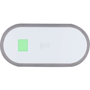 A multifunctional alarm clock in white with a grey fabric edge, featuring a centred wireless charging area and branding.