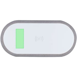 A wireless charger featuring a white surface with a grey border and a green indicator section.