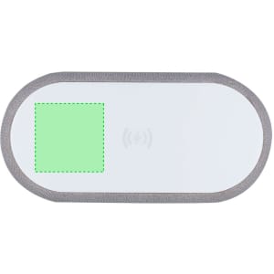 A white multifunction alarm clock with a grey border and a wireless charging area. It features a logo on the surface.