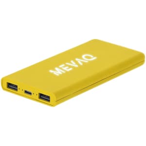 A yellow power bank featuring multiple ports and a logo, designed for charging electronic devices.