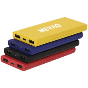Three power banks stacked vertically in yellow, red, and black, with a branding logo on the yellow one.