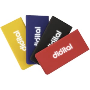A collection of four power banks in yellow, purple, black, and red, each featuring a logo.