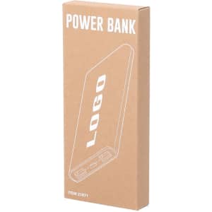 A power bank in a brown cardboard box, featuring a logo and two port openings at the bottom.