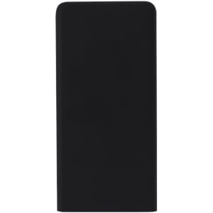 A black power bank with a sleek, rectangular design and a logo on the surface, suitable for charging devices.