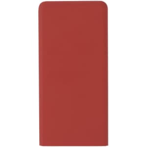 A red power bank with a smooth finish and a branding logo on the surface.