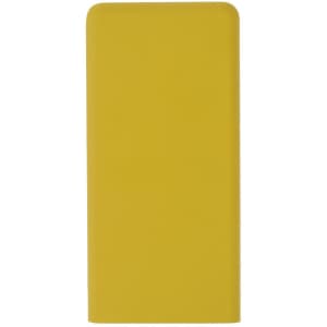 A yellow power bank with a smooth finish and rounded edges. It features a logo on one side.