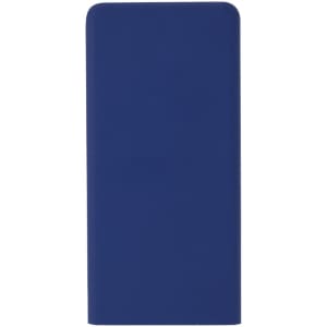 A navy blue power bank with a smooth finish, featuring a branding logo.