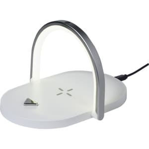 A white multifunction lamp with a silver arch and built-in wireless charging capability.