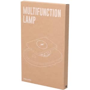 A brown cardboard box featuring a white outline illustration of a multifunction lamp and a logo.