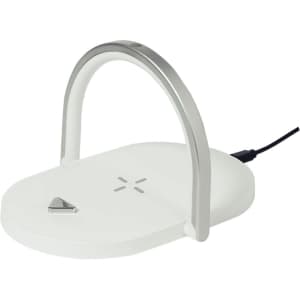 A white multifunction lamp with a silver handle and a charging area, featuring a sleek, modern design.