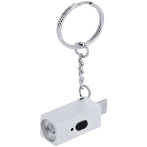 A white electric lighter keyring with a keychain attachment and a small light feature.