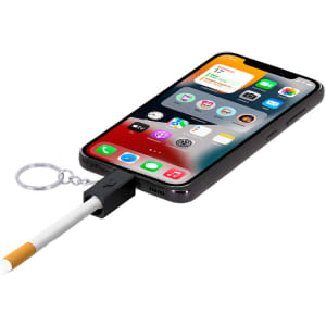 A keyring electric lighter in black, connected to a smartphone, with a cigarette in place. The image also features a logo.