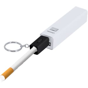 A white keyring electric lighter with a black top and a keychain attachment.