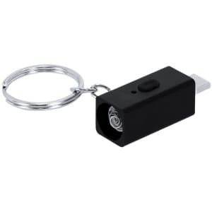 A black electric lighter keyring featuring a metal keyring attachment and a button for activation.
