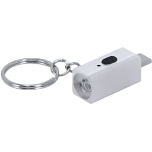 A silver electric lighter keyring with a keychain attachment and a black button on the side.