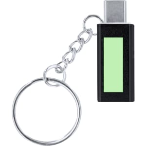 A black keyring with a green rectangular panel and a silver chain attachment.