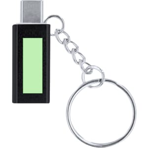 A black electric lighter keyring with a silver chain and a light green panel. It includes a circular keyring attachment.