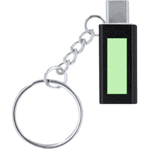 A black electric lighter keyring with a green accent, attached to a metal chain and ring.