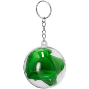 A green cup cover inside a transparent round case, attached to a metal keychain.