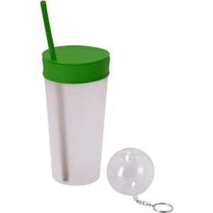 A drink bottle with a green lid and straw, alongside a clear keychain ball.