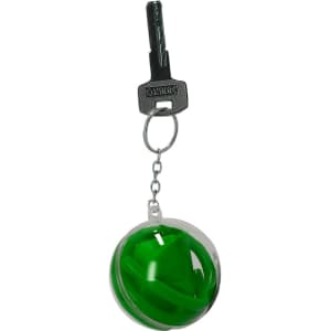 A keychain featuring a green spherical cover, with a silver chain and key attached.