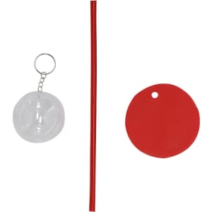 A red drinking straw, a red circular cup cover, and a clear ball with a keychain attachment.