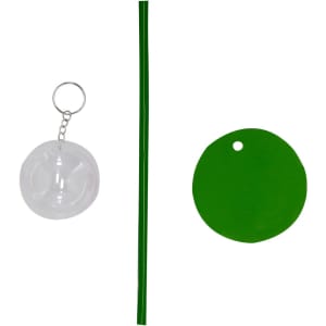 A green drinking straw, a round green cup cover, and a transparent keychain accessory are displayed together.
