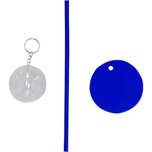 A blue drinking straw with a matching blue cup cover and a transparent keychain attachment.