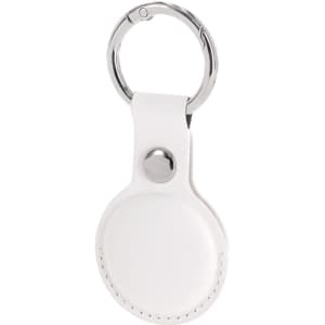 A white key ring holder for a tracker device, featuring a circular design and a silver keyring attachment.