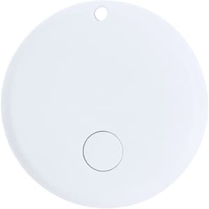 A round white tracking device with a central button and a small hole for attachment, featuring a simple design.